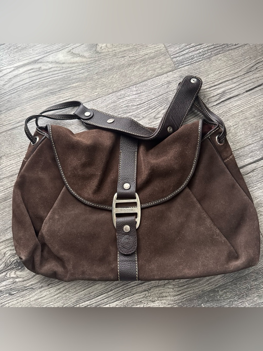 Hogan Dark Brown Suede Messenger Bag with Leather Trim
